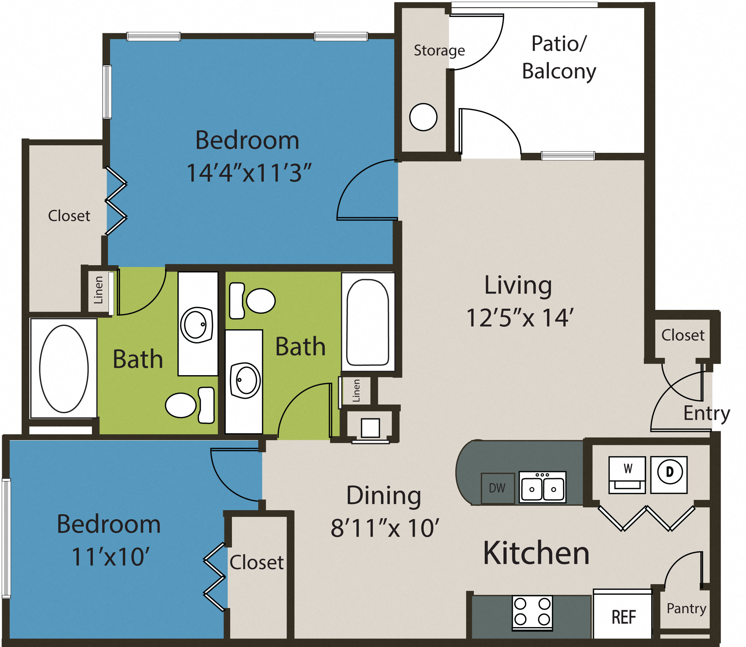 Floor plan for 2 beds, 2 baths, 969 sqft